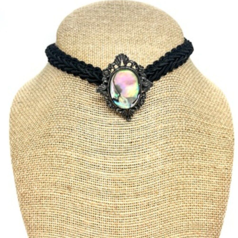 ABALONE CAMEO CHOKER Necklace Black Braided Victorian Revival Gothic Y2k